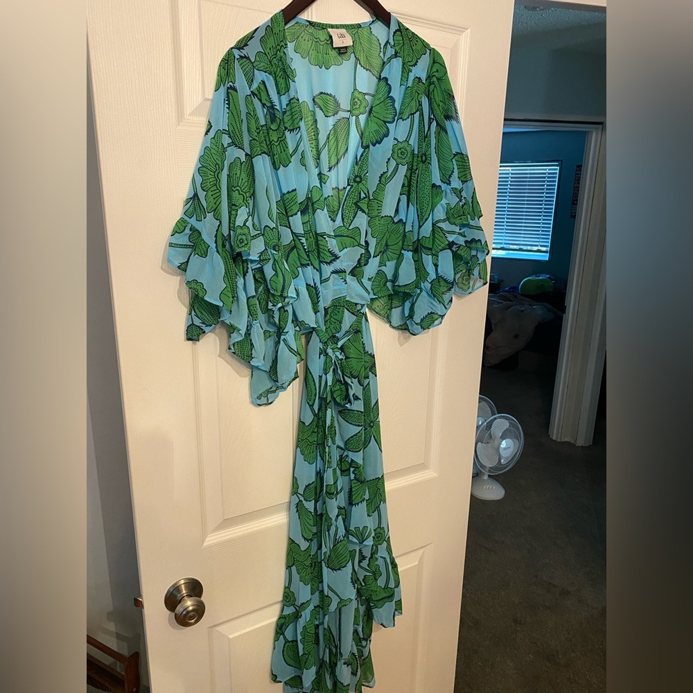 CAbi Blue and Green Sheer Wrap Dress